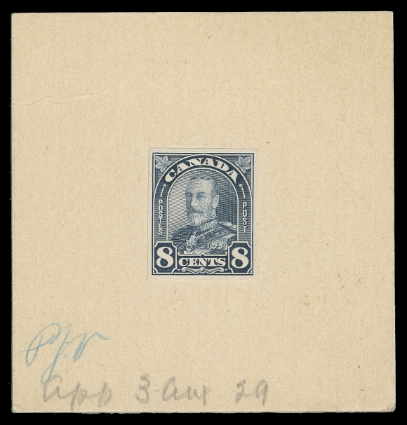 CANADA -  8 KING GEORGE V  171,BABN Die Essay of the unadopted design inscribed "POST" on right side panel instead of the issued "POSTAGE", in its intended colour on characteristic white surfaced thick paper, stamp size as all essays and die proofs known, affixed to card 69 x 72mm with light card; initialed in crayon "PJV" (Pierre John Veniot, Postmaster General) and penciled "app 3 Aug 29" at foot, rare and VF (Minuse & Pratt 171E-Aa)

Provenance: James Goss Arch Issue Collection, Firby Auctions, June 2003; Lot 24
Ron Brigham, June 2015; Lot 134