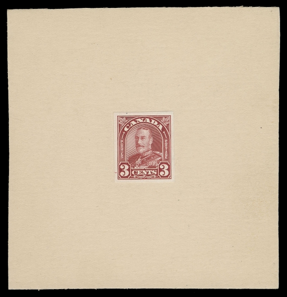CANADA  167,An exceptional BABN Die Proof of an unissued die with the adopted "POSTAGE" inscribed in right side panel, displaying three clear lines between "P" and above ornament on both sides, similar to Die I of the 1c & 2c stamps. The issued 3c has four lines as on the Die II of the 1c and 2c; stamp size on white glazed surfaced paper, affixed to thick yellowish card 93 x 96mm. A superb die proof ideal for an advanced exhibit collection, VF (Minuse & Pratt, similar to 167P2b)

Expertization: 1988 Greene Foundation cert. (as "die proof essay, not in colour of issue")

Provenance: James Goss, Firby Auctions, June 2003; Lot 19
Ron Brigham, June 2015; Lot 131
