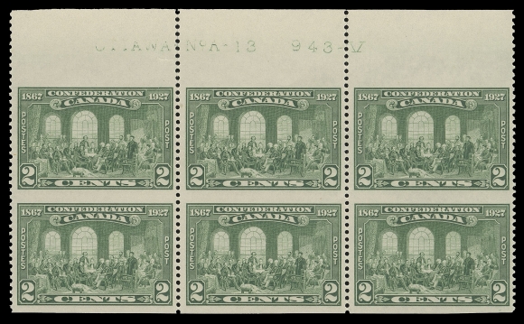CANADA -  8 KING GEORGE V  142c,A remarkable mint Plate 13 block of six imperforate horizontally, top margin with a few split perfs and small internal tear not readily visible, a rare part-perforate plate multiple, VF NH