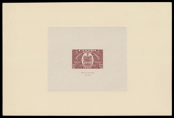 CANADA - 14 SPECIAL DELIVERY  E8,Superb Large Die Proof in near issued colour on india paper 107 x 86mm, die sunk on full-size card 229 x 154mm; the hardened die with "SPECIAL DELIVERY" imprint and die number "XG-673", very scarce and in pristine condition, XF