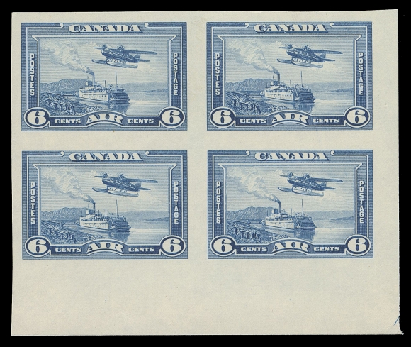 CANADA - 12 AIRMAILS  C6a,A lower right  mint corner margin imperforate block, huge margins with bright fresh colour and full original gum, VF NH