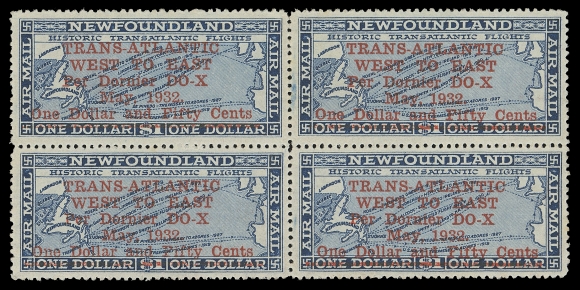 NEWFOUNDLAND -  7 AIRMAIL  C12,A well centered and fresh mint pane of four (the complete  surcharge setting), a few perf separations at top, full pristine original gum and in exceptional condition, VF NH