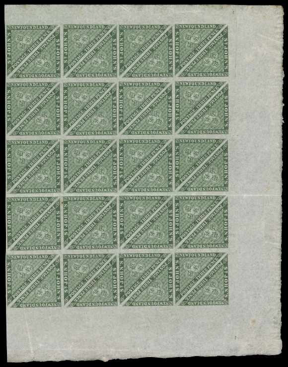 NEWFOUNDLAND -  1 PENCE  11A, 11Ai,A remarkable mint block of forty - the right half of a sheet, horizontal fold between rows, light natural paper wrinkling on some in first column, natural inclusion between two. Displays virtually complete papermaker