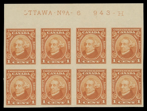 CANADA -  8 KING GEORGE V  141a,A mint imperforate Plate 6 block of eight with full imprint, without gum, a rare plate block, VF (Unitrade cat. $1,025 as mint OG)