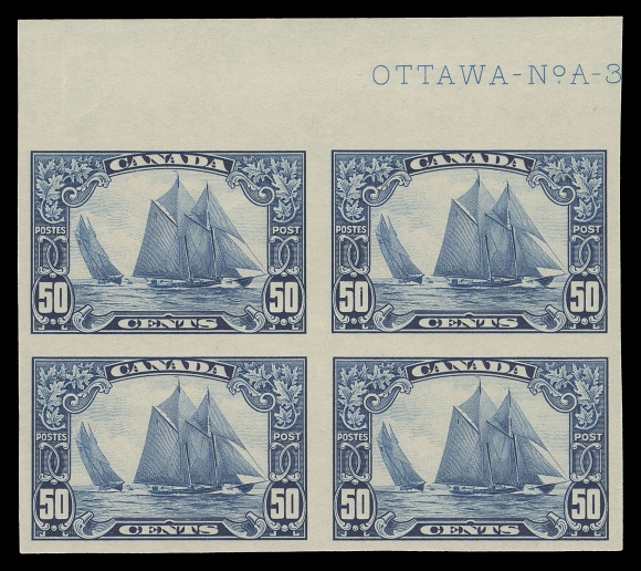 CANADA -  8 KING GEORGE V  149b-159a,A beautiful, mint complete set of eleven in imperforate blocks, most with lightly disturbed OG; four have full original gum NH or LH including the key 50c Bluenose. The 20c, 50c & $1 display a large portion of the plate imprint. An appealing set with bright fresh colours, VF (Unitrade cat. $6,950 as hinged pairs)