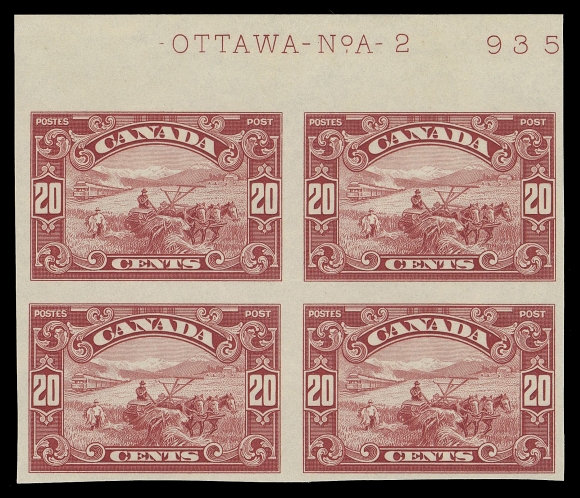 CANADA -  8 KING GEORGE V  149b-159a,A beautiful, mint complete set of eleven in imperforate blocks, most with lightly disturbed OG; four have full original gum NH or LH including the key 50c Bluenose. The 20c, 50c & $1 display a large portion of the plate imprint. An appealing set with bright fresh colours, VF (Unitrade cat. $6,950 as hinged pairs)