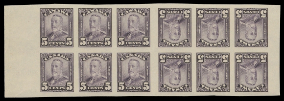 CANADA -  8 KING GEORGE V  149c, 150c, 153c,A remarkable set of three imperforate tête-bêche strips of twelve showing 4.5mm vertical gutter margins between; 5c with area of gum disturbance on top centre pair, otherwise with fresh colours and full original gum, VF LH