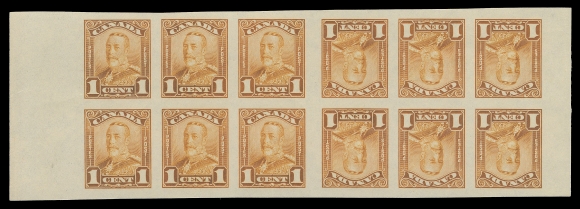 CANADA -  8 KING GEORGE V  149c, 150c, 153c,A remarkable set of three imperforate tête-bêche strips of twelve showing 4.5mm vertical gutter margins between; 5c with area of gum disturbance on top centre pair, otherwise with fresh colours and full original gum, VF LH