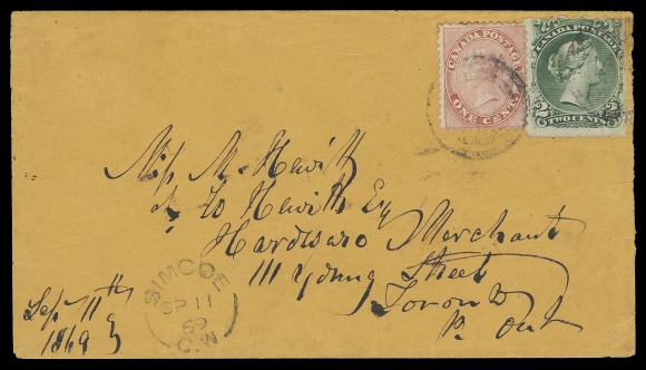 CANADA -  4 LARGE QUEEN  1869 (September 11) Orange envelope bearing Cents issue 1c rose perf 12 and a scarce 2c blue green on soft white  "blotting" paper (faults), tied by light, partially legible  two-ring 