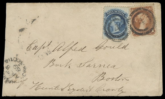 CANADA -  4 LARGE QUEEN  1869 (April 8) An impressive cover bearing a Nova Scotia 5c dark blue Colonial stamp alongside a 1c brown red Large Queen on thin paper, both superbly tied by Halifax two-ring 