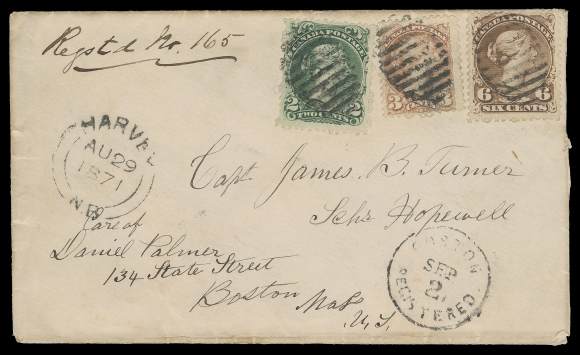 CANADA -  4 LARGE QUEEN  1871 (August 29) Registered cover with three-colour franking of 2c green and 6c brown (Plate 1) on medium wove paper with a Small Queen 3c orange rose (1st Ottawa Printing), each cancelled by oval grid, Harvey, NB double arc dispatch at left, addressed to Boston with quite clear SEP 2 Registered CDS receiver unusually struck on front. An attractive mixed-issue franking paying the 6c letter rate plus  5c registration, only a few exist, this being one of the nicest, VF (Unitrade 24, 27v, 37a)