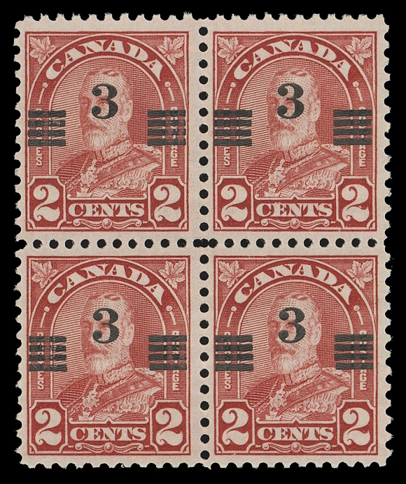 CANADA -  8 KING GEORGE V  191aii,A nicely centered, fresh mint block showing a dramatic shift of the surcharge. The best shift we recall seeing, VF NH