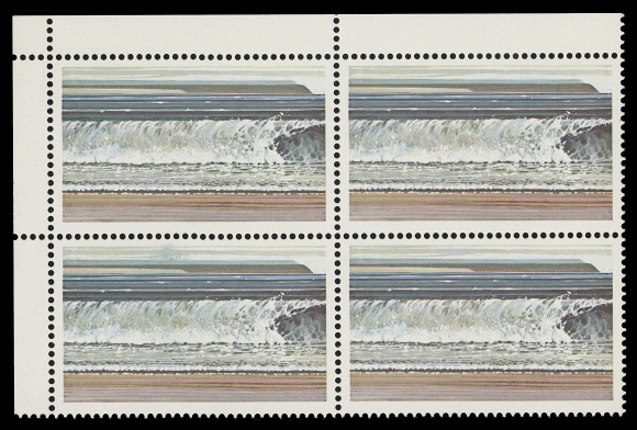CANADA - 10 QUEEN ELIZABETH II  726b,Upper left blank (no imprint as issued) corner block with black engraved inscriptions omitted in error, untagged. A rarely seen blank plate block of this missing colour, fewer than 200 copies of this error were found in 1983 in Surrey, BC and Hamilton, VF NH