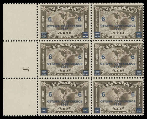 CANADA - 12 AIRMAILS  C2, C4,A matching pair of left margin mint blocks of six, each with plate number "1" (reversed) shown next to left-centre stamp; an elusive duo, F-VF NH