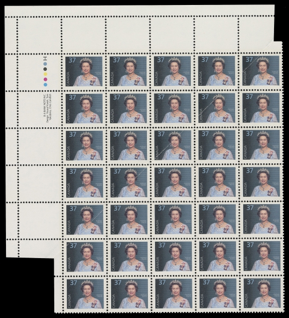 CANADA - 10 QUEEN ELIZABETH II  1162 variety,A plate block of 35 stamps showing a pre-perforation diagonal fold running through nine stamps and resulting in a very impressive "extra" row and column of "void" perforated stamps, two with "traffic light" colour palette and BABN imprint. One of the most interesting and visually striking varieties of the entire 1987-2000 Queen Elizabeth II series, a showpiece, VF NH