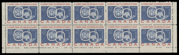 CANADA - 10 QUEEN ELIZABETH II  387a,The Phenomenal mint block of ten, unusually fresh and very well centered, second stamp in top row with negligible gum wrinkle, full unblemished original gum, NEVER HINGED, a magnificent showpiece which we can also describe as the "Superstar" of modern Canadian philately which will instantly catapult a collection to world-class level, VF+ NH (Unitrade cat. $125,000+)

Provenance: Purchased at the post office in Ottawa and privately sold to Dr. G.M. Gelbert. Private sale to George Ludlow Lee.
George Ludlow Lee Collection of 20th Century Canada, H.R. Harmer, Inc., December 1963; Lot 477 - described as "never hinged, fresh, extremely fine... A 20th Century rarity which has hardly been excelled in publicity."
Important Stamps and Covers of the World, Christie