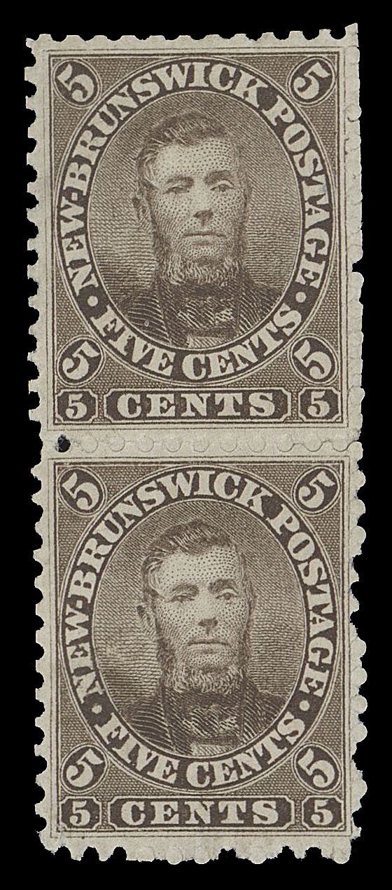 NEW BRUNSWICK  5,The spectacular vertical pair of UNIQUE status, in fact the only existing multiple of this unissued, infamous stamp portraying New Brunswick