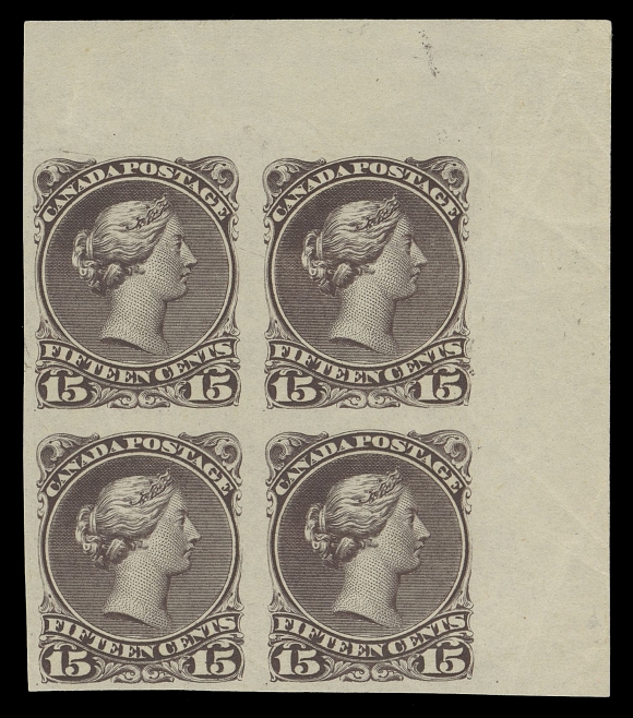 CANADA -  4 LARGE QUEEN  29d, 29ii, 29iv,A remarkable mint imperforate corner margin block displaying the  "Pawnbroker" variety (Position 10) as well as the documented and listed plate scratch variety (top of Position 9), both varieties show clearly thanks to the deep colour associated with this imperforate, full original gum with barest trace of hinging (at first glance looks NH). An exceedingly rare positional block, VF VLHProvenance: Maresch Private Treaty (Second catalogue, 1982); item 177S.J. Menich Canada Large Queens Firby Auctions, February 1997; Lot 1217