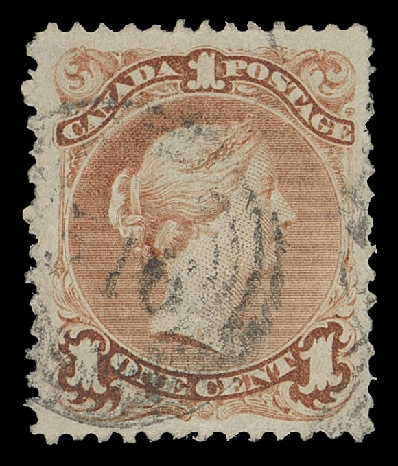 CANADA -  4 LARGE QUEEN  31,An unusually well centered example of this elusive paper type,  true colour on the distinctive thicker paper and showing a  vertical "vergé" line, negligible nibbed perfs at right and two  small shallow thins, VF appearing with a light, legible centrally struck four-ring 