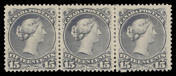 CANADA -  4 LARGE QUEEN  30c,An extraordinary mint strip of three of this very scarce, short-lived printing, with rich colour and bold impression, a few split perfs strengthened by small hinges, exceptionally fresh and in remarkably sound condition, unlike most examples we have seen. Believed to be the largest surviving multiple (we are not even aware of a mint pair); retaining an unusually large portion of its dull, streaky original gum. All of these superior attributes are seldom encountered. A beautiful mint multiple, very impressive indeed. A showpiece, F-VF OG (Unitrade cat. $28,500 as singles)Provenance: Dr. Lewis L. Reford (Part Three), Harmer, Rooke & Co., March 1951; Lot 809General Robert Gill, Robson Lowe Ltd., October 1965; Lot 170Stanly Cohen, Cavendish Auctions, October 1986; Lot 258The "Lindemann" Collection (private treaty, circa. 1997)