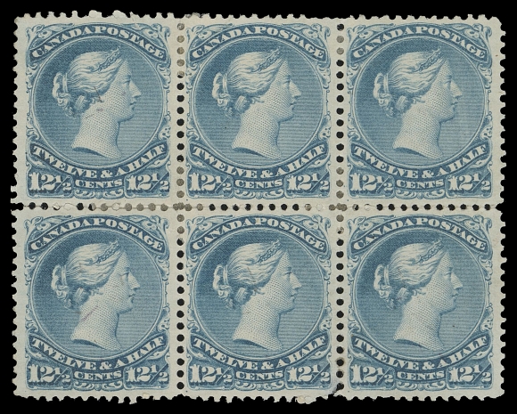 CANADA -  4 LARGE QUEEN  28,A very well centered mint block of six, lovely colour on bright  white paper, some split perforations reinforced by two hinges,  trivial flaws on left pair and lower centre stamp with small  flaw at bottom right, large part original gum somewhat lightly  glazed, VF; a scarce and appealing mint multiple. (Unitrade cat.  $16,800)Provenance: Fred Jarrett, Sissons Sale 172, February 1960; Lot 339Emily Lindsey, Maresch Sale 211, January 1988; Lot 396