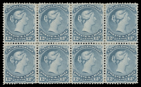 CANADA -  4 LARGE QUEEN  28,An impressive mint block of eight, unusually well centered for such a large multiple, beautiful colour and impression on fresh paper showing clear horizontal mesh, minor perforations flaws and some split perfs strengthened by hinges, small thin on second stamp in lower row, large part OG partly disturbed, VF appearing and no doubt one of the largest surviving multiples. (Unitrade cat. $22,400)Provenance: S.J. Menich Canada Large Queens, Firby Auctions, February 1997; Lot 1141