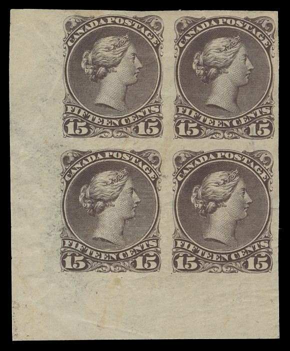 CANADA -  4 LARGE QUEEN  29d, 29vi,A mint imperforate corner block, typical natural wrinkling and gum thins mostly confined to right pair, left pair (Positions 81 & 91) show the listed plate scratches in the vignette above "CE" of "CENTS", and below / above "P" of "POSTAGE" respectively, usual uneven brown original gum of this imperforate, VF appearance; a very rare block showing the two plate varieties.