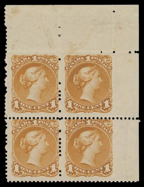 CANADA -  4 LARGE QUEEN  23a,The magnificent mint corner margin block of four, printed in an eye-arresting deep rich orange colour, from the first printing of the changed colour that appeared early in 1869, completely sound and displaying unusually clean original gum, top pair with remarkably PRISTINE ORIGINAL GUM, NEVER HINGED. Only the famous block of six can rival this multiple which is in a more attractive, deeper shade and has superior gum. A wonderful showpiece that will stand out in anyone