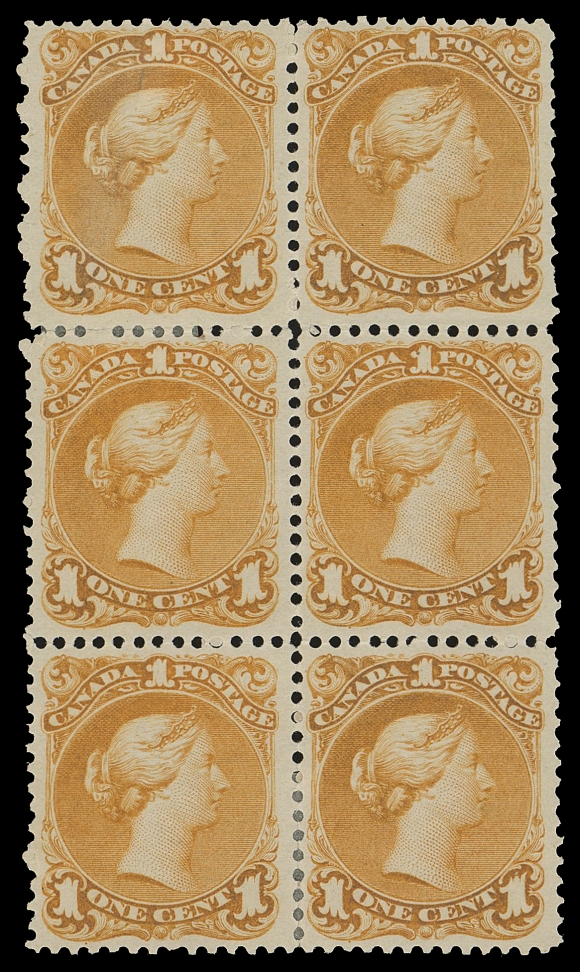 CANADA -  4 LARGE QUEEN  23a,The famous "Firth" mint block of six. Very well centered and printed in a noticeably early bright orange shade; a few split perfs sensibly strengthened, small paper adherence on upper left stamp and overall lightly glazed full original gum, an incredible block of great aesthetic beauty and in an excellent state of preservation. Clearly one of the most spectacular items one can find in the Large Queen issue - the LARGEST SURVIVING MINT MULTIPLE of the revised colour on the One cent stamp. A wonderful item for the connoisseur that has graced several of the most important Large Queen collections of the past, VF OGProvenance: J.D. Smart, Sissons Sale 120, February 1956; Lot 598Fred Jarrett, Sisson Sale 172, February 1960; Lot 100 - sold for an impressive $6,750 hammer! The highest realization in Jarrett