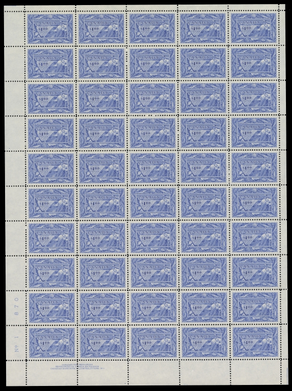 CANADA -  9 KING GEORGE VI  302,A well centered mint Lower Left Plate 1 sheet of 50, lightly folded along perforations; light fingerprint on one stamp, VF NH (Unitrade cat. $3,010)