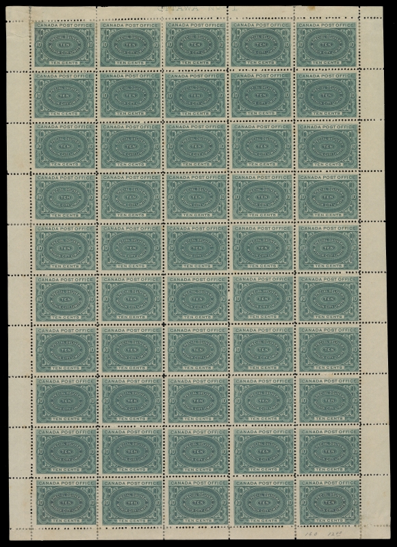 CANADA - 14 SPECIAL DELIVERY  E1iv,First printing mint Plate 1 sheet of 50, slightly trimmed "OTTAWA - No.-1" imprint at top, some separation supported by hinges, about 30 stamps are NH,  foxing mainly visible on reverse, a very rare intact sheet of the earliest printing in the distinctive deep blue green shade, Fine+ (Unitrade cat. $11,875 as single stamps)

Provenance: Maresch Private Treaty (Third catalogue, 1983); item 276