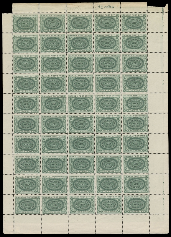 CANADA - 14 SPECIAL DELIVERY  E1ii,Mint sheet of 50 of the "No Shading in Value Tablet" variety, full "OTTAWA - No-1" imprint" with printing order numbers "74" and "96" punched out, marginal faults at top, some light severed perfs, natural gum crease on lower right pair, bright colour on fresh paper, full original gum NEVER HINGED. A very rare intact sheet, F-VF (Unitrade cat. $19,000 as single stamps)