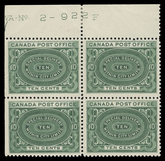 CANADA - 14 SPECIAL DELIVERY  E1a,Mint Plate 2 block from right-hand pane, plate "No. 2" and printing order shown, top pair is NH; a very scarce plate block, F-VF H (Unitrade cat. $1,040 as single stamps)