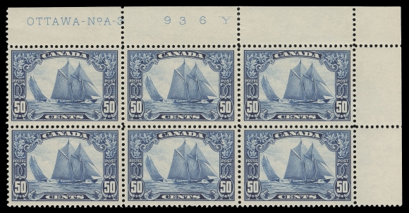 CANADA -  8 KING GEORGE V  158,A selected mint Plate 3 upper right block of six, minor perf separation in the margin, as fresh as the day it was printed, well centered with full immaculate original gum. A beautiful plate block of this popular stamp, VF NH