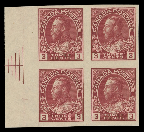 CANADA -  8 KING GEORGE V  138i, 138ii,Left and right margin mint blocks, former with 5-line Pyramid Guide and latter with "R-GAUGE" imprint, VF NH