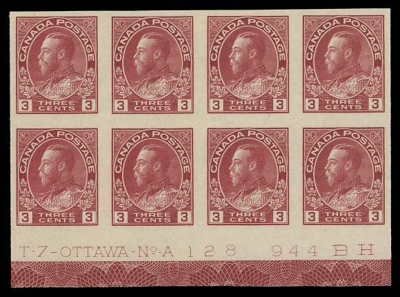 CANADA -  8 KING GEORGE V  138,Lower margin mint Plate 128 block of eight showing complete, full strength Type D lathework, attractive and choice, VF NH