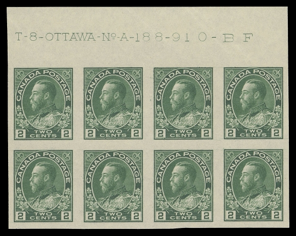 CANADA -  8 KING GEORGE V  137,A beautiful, choice mint Plate 188 block of eight, VF NH