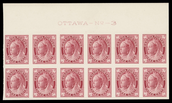 CANADA -  6 1897-1902 VICTORIAN ISSUES  69,A superb Plate 3 plate proof block of twelve in issued colour on card; light card crease at lower right, VF (Unitrade cat. $1,200 as single proofs)