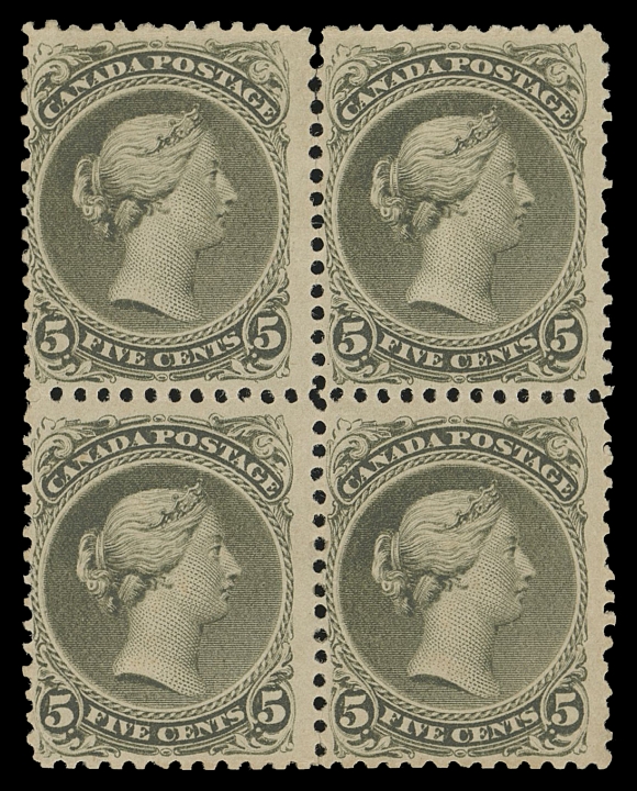 CANADA -  4 LARGE QUEEN  26iv,A scarce mint block with deep rich colour and large part characteristic dull, streaky original gum associated with this particular denomination, a few split perfs at top, Fine OG, a scarce block (Unitrade cat. $6,400)