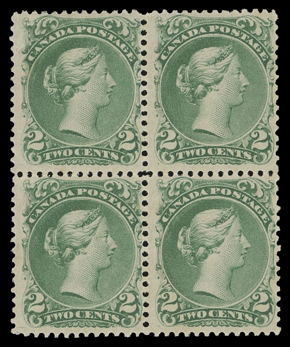 CANADA -  4 LARGE QUEEN  24,A brilliant fresh mint block with exceptional colour, intact perforations all around, trivial flaws on top left stamp, the lower pair with full original gum, NEVER HINGED. An attractive mint block in a superior state of preservation, Fine+ LH (Unitrade cat. $7,200)Provenance: J. Grant Glassco, Robson Lowe Ltd., July 1969; Lot 99 - offered as a block of six from which this block originates.