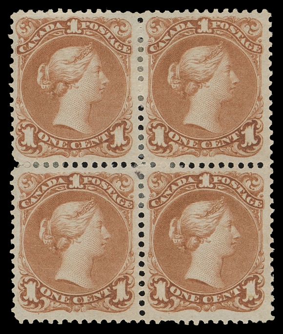 CANADA -  4 LARGE QUEEN  22,A nicely centered mint block displaying gorgeous fresh colour on white wove paper, single short perf at foot, large part original gum. A scarce block in well-above average condition, VF OG (Unitrade cat. $8,000)