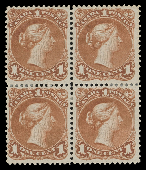 CANADA -  4 LARGE QUEEN  22,A remarkably fresh mint block, amazing bright colour on fresh paper, a few split perfs in places strengthened by small hinges, unusually clean large part original gum. A lovely block, F-VF; 2000 Greene Foundation cert. (Unitrade cat. $5,600)Provenance: Dale-Lichtenstein, Sale 7 - BNA Part Three, January 1970; Lot 1179