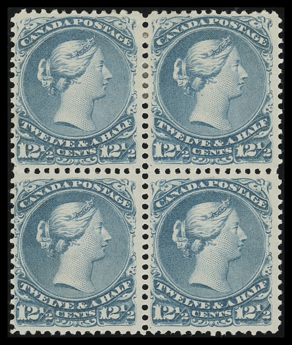 CANADA -  4 LARGE QUEEN  28,A post office fresh mint block, quite well centered with great colour on pristine fresh paper, unusually full original gum showing a small remnant on top pair, lower pair LH. A beautiful block in an excellent state of preservation, F-VF OG (Unitrade cat. $8,000) ex. "Lindemann" Collection (private treaty, circa. 1997)