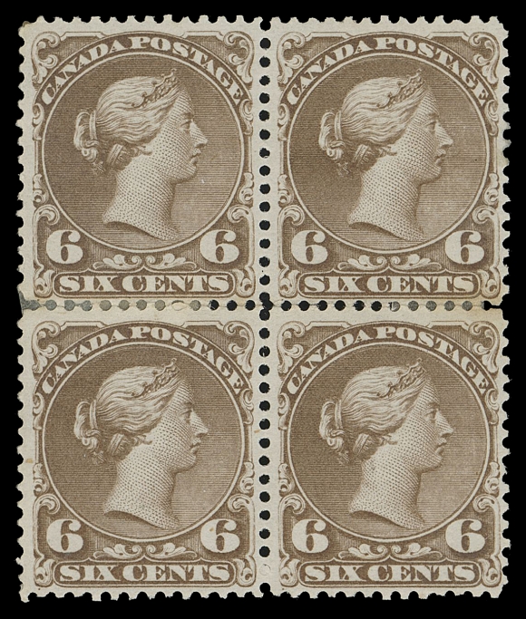 CANADA -  4 LARGE QUEEN  27v,A quite well centered mint rejoined block; faint toning at centre perfs but essentially sound with wonderful colour and freshness, displaying unusually clean, full, smooth white original gum; a challenging multiple to find, Fine+ (Unitrade cat. $7,200)