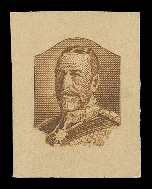 CANADA -  8 KING GEORGE V  Similar to the adopted design of the central portrait for the 1c to 8c values, printed in brown on beige card and measuring 18 x 24mm; rare and appealing, VF

Provenance: J.R. Saint
"Libra" Collection (Part 2), Eastern Auctions, October 2012; Lot 1284 