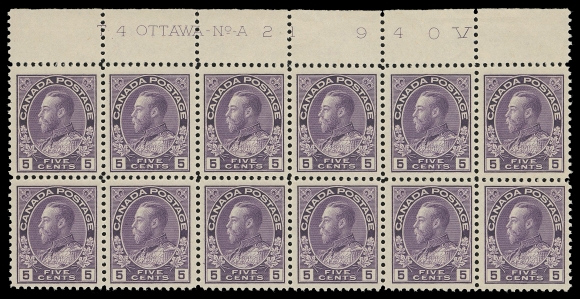 CANADA -  8 KING GEORGE V  112,A brilliant fresh, well centered mint Plate 21 block of twelve, eight stamps are NH, choice, VF VLH (Unitrade cat. $1,680 as single stamps)