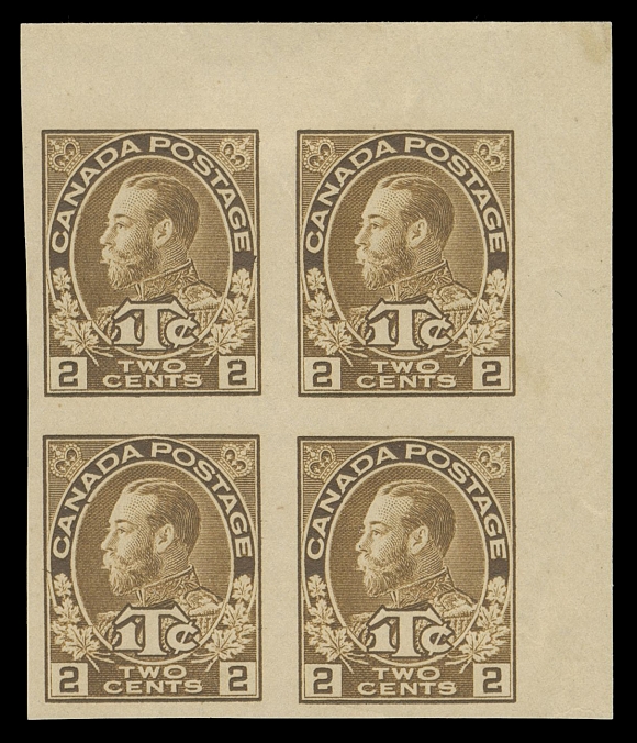 CANADA - 17 WAR TAX  MR4b,An imperforate corner margin mint block, ungummed as issued, VF and choice