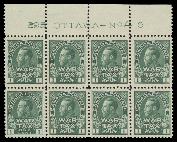 CANADA - 17 WAR TAX  MR1,A very well centered, fresh mint Plate 6 block of eight, printing order number "295" punched out, faint gum skip on left pair, VF NH (Unitrade cat. $960 as single stamps)