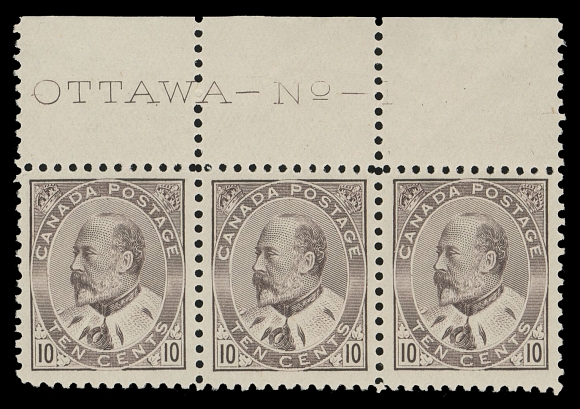 CANADA -  7 KING EDWARD VII  93,A post office fresh mint Plate 1 strip of three, nicely centered with radiant colour on fresh paper, faint hinging in selvedge only, all stamps with full original gum, VF NH (Unitrade cat. $8,400 as single stamps)