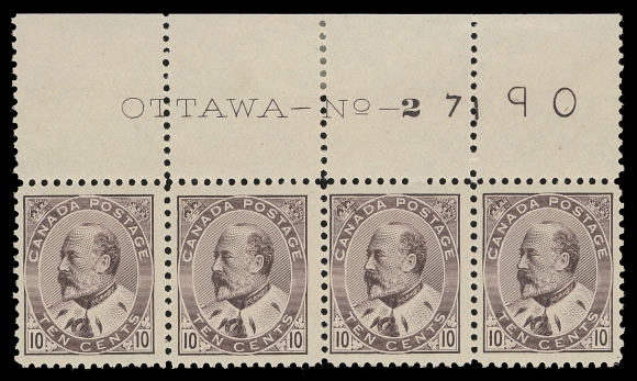 CANADA -  7 KING EDWARD VII  93,An exceptionally fresh mint Plate 2 strip of four, printing order "71" at right (from 1911 printing), displaying vivid colour and sharp impression, hinged once in the ungummed part of the margin, all stamps possess full pristine original gum NEVER HINGED. A remarkable and rarely seen multiple, especially attractive with such exceptional colour, F-VF NH  (Unitrade cat. $6,500 as single stamps)